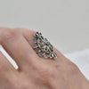 Filigree Art Lace Detailed Woman Long Statement Silver Ring