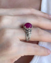 Bee Detailed Ruby Corundum Gemstone Filigree Art Women Silver Cocktail Ring