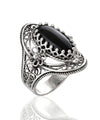 Black Onyx Gemstone Sterling Silver Women Statement Ring with Daisy Figures