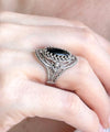 Black Onyx Gemstone Sterling Silver Women Statement Ring with Daisy Figures
