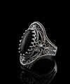 Black Onyx Gemstone Sterling Silver Women Statement Ring with Daisy Figures