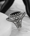 Black Onyx Gemstone Sterling Silver Women Statement Ring with Daisy Figures