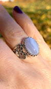 Blue Lace Agate Gemstone Double Heart Detailed Filigree Art 925 Sterling Silver Women Statement Ring