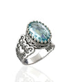 Blue Topaz Gemstone Double Heart Detailed Filigree Art 925 Sterling Silver Women Statement Ring