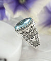 Blue Topaz Gemstone Double Heart Detailed Filigree Art 925 Sterling Silver Women Statement Ring