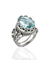 Blue Topaz Gemstone Filigree Art Double Butterfly Detailed Women Silver Statement Ring
