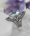 Blue Topaz Gemstone Filigree Art Woman Silver Statement Ring