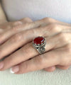 Carnelian Gemstone Filigree Art Double Butterfly Detailed Women Silver Statement Ring