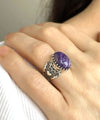Charoite Gemstone Double Heart Detailed Filigree Art 925 Sterling Silver Women Statement Ring