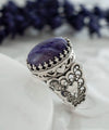 Charoite Gemstone Double Heart Detailed Filigree Art 925 Sterling Silver Women Statement Ring