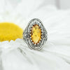 Citrine Gemstone Sterling Silver Women Statement Ring with Daisy Figures