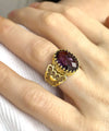 Double Heart Detailed Amethyst Gemstone Filigree Art Gold Plated Sterling Silver Women Statement Ring