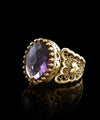 Double Heart Detailed Amethyst Gemstone Filigree Art Gold Plated Sterling Silver Women Statement Ring