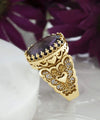Double Heart Detailed Amethyst Gemstone Filigree Art Gold Plated Sterling Silver Women Statement Ring