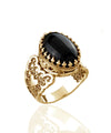 Double Heart Detailed Black Onyx Gemstone Filigree Art Gold Plated Sterling Silver Women Statement Ring