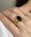 Double Heart Detailed Black Onyx Gemstone Filigree Art Gold Plated Sterling Silver Women Statement Ring