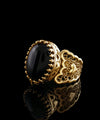 Double Heart Detailed Black Onyx Gemstone Filigree Art Gold Plated Sterling Silver Women Statement Ring