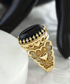 Double Heart Detailed Black Onyx Gemstone Filigree Art Gold Plated Sterling Silver Women Statement Ring