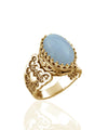 Double Heart Detailed Blue Lace Agate Gemstone Filigree Art Gold Plated Sterling Silver Women Statement Ring