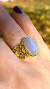 Double Heart Detailed Blue Lace Agate Gemstone Filigree Art Gold Plated Sterling Silver Women Statement Ring