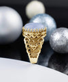 Double Heart Detailed Blue Lace Agate Gemstone Filigree Art Gold Plated Sterling Silver Women Statement Ring