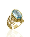 Double Heart Detailed Blue Topaz Gemstone Filigree Art Gold Plated Sterling Silver Women Statement Ring