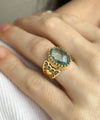 Double Heart Detailed Blue Topaz Gemstone Filigree Art Gold Plated Sterling Silver Women Statement Ring