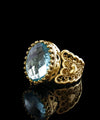 Double Heart Detailed Blue Topaz Gemstone Filigree Art Gold Plated Sterling Silver Women Statement Ring