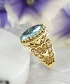 Double Heart Detailed Blue Topaz Gemstone Filigree Art Gold Plated Sterling Silver Women Statement Ring