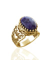 Double Heart Detailed Charoite Gemstone Filigree Art Gold Plated Sterling Silver Women Statement Ring