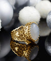 Double Heart Detailed Gray Moonstone Gemstone Filigree Art Gold Plated Sterling Silver Women Statement Ring