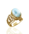 Double Heart Detailed Larimar Gemstone Filigree Art Gold Plated Sterling Silver Women Statement Ring