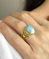 Double Heart Detailed Larimar Gemstone Filigree Art Gold Plated Sterling Silver Women Statement Ring