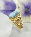 Double Heart Detailed Larimar Gemstone Filigree Art Gold Plated Sterling Silver Women Statement Ring