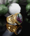 Double Heart Detailed Ruby Zoisite Gemstone Filigree Art Gold Plated Sterling Silver Women Statement Ring