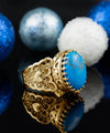 Double Heart Detailed Turquoise Gemstone Filigree Art Gold Plated Sterling Silver Women Statement Ring