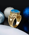 Double Heart Detailed Turquoise Gemstone Filigree Art Gold Plated Sterling Silver Women Statement Ring