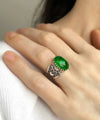 Emerald Gemstone Double Heart Detailed Filigree Art 925 Sterling Silver Women Statement Ring