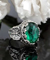 Emerald Gemstone Filigree Art Double Butterfly Detailed Women Silver Statement Ring