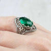 Emerald Gemstone Filigree Art Woman Silver Statement Ring
