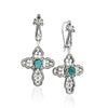 Emerald sterling silver filigree cross dangle earrings with green gemstone