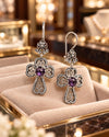 Amethyst 925 Sterling Silver Clover Cross Filigree Dangle Earrings