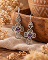 Natural Amethyst clover cross dangle earrings in handmade sterling silver for women