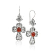 Carnelian sterling silver clover cross filigree dangle earrings with orange red gemstone