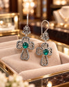 Emerald 925 Sterling Silver Clover Cross Filigree Dangle Earrings
