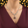 Carnelian Silver Vintage Daisy Flower Necklace, Handmade Red Stone Filigree Floral Statement Necklace Jewelry