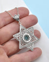 925 Sterling Silver Aqua Blue Chalcedony Jewish Star Necklace, Filigree Star of David Jewish Jewelry