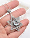 Sterling Silver Blue Topaz Jewish Star Necklace, Filigree Magen David Israeli Jewelry