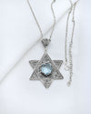 Sterling Silver Blue Topaz Jewish Star Necklace, Filigree Magen David Israeli Jewelry