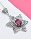 925 Sterling Silver Ruby Corundum Jewish Star Necklace, Filigree Star of David Jewish Jewelry